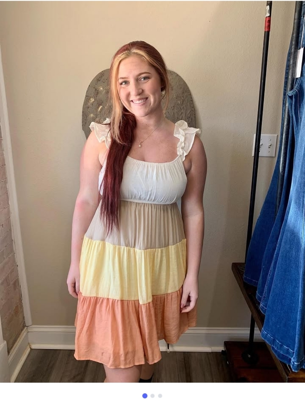 Sweet Wanderer White, Tan, Yellow & Peach Tiered Ruffle Strap Mini Dress